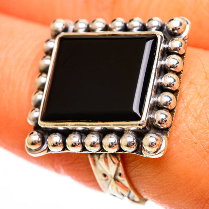 Sterling silver square black onyx ring, beaded border on hand
