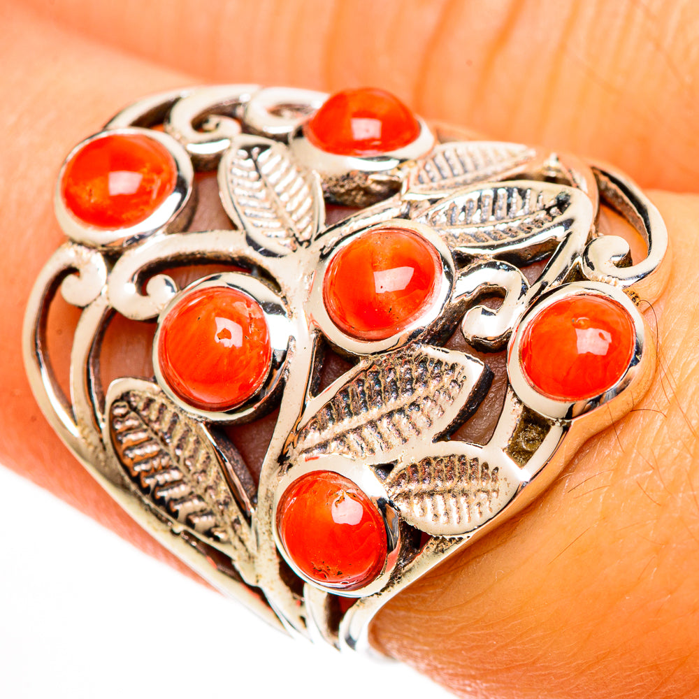 Sterling silver coral-red gemstone ring with leaf filigree, size 7.25