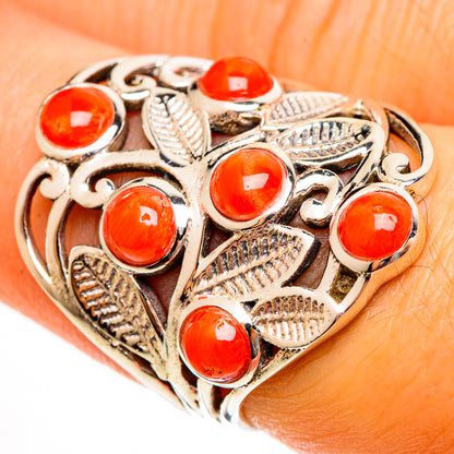Sterling silver coral-red gemstone ring with leaf filigree, size 7.25