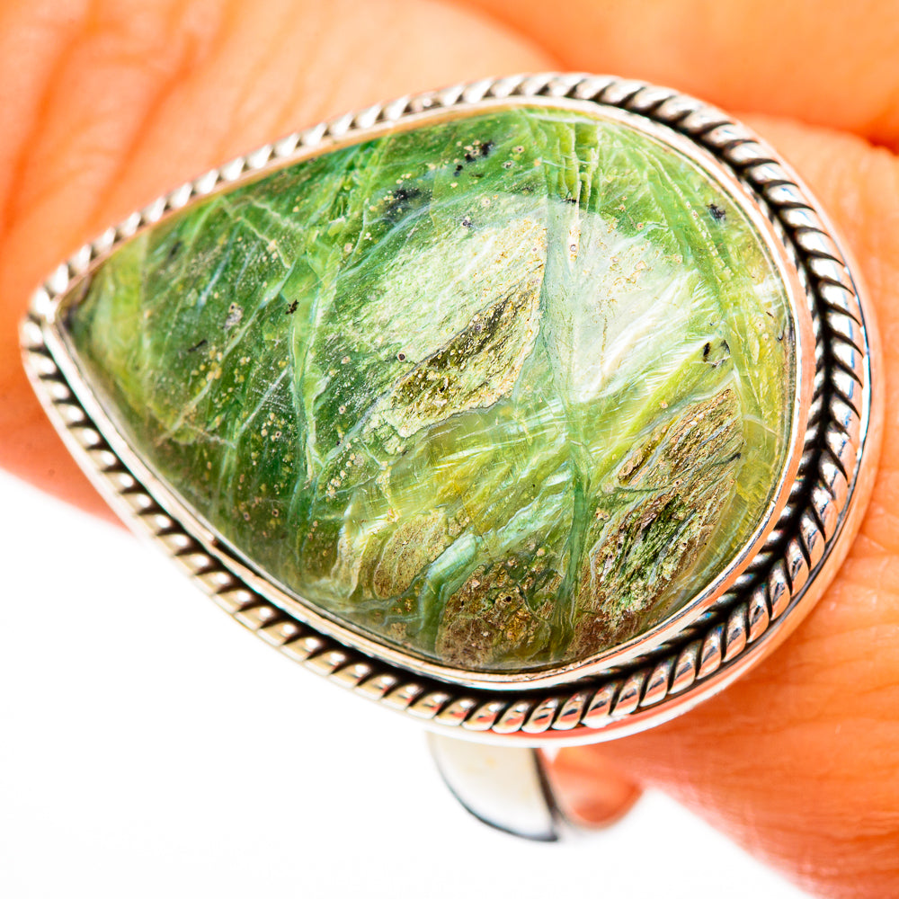 Large oval green opal cabochon ring in 925 sterling silver, size 12.5
