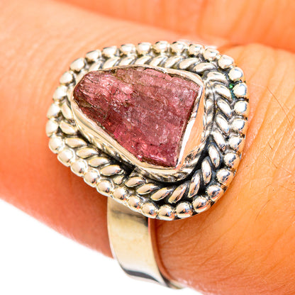 Sterling silver ring with rough pink tourmaline and beaded bezel, size 7.25