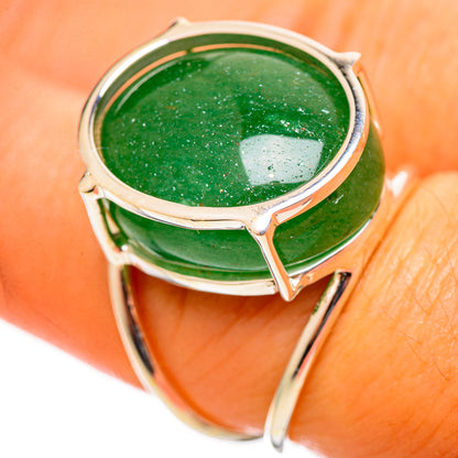 Green aventurine oval ring in 925 sterling silver, open bezel with prongs