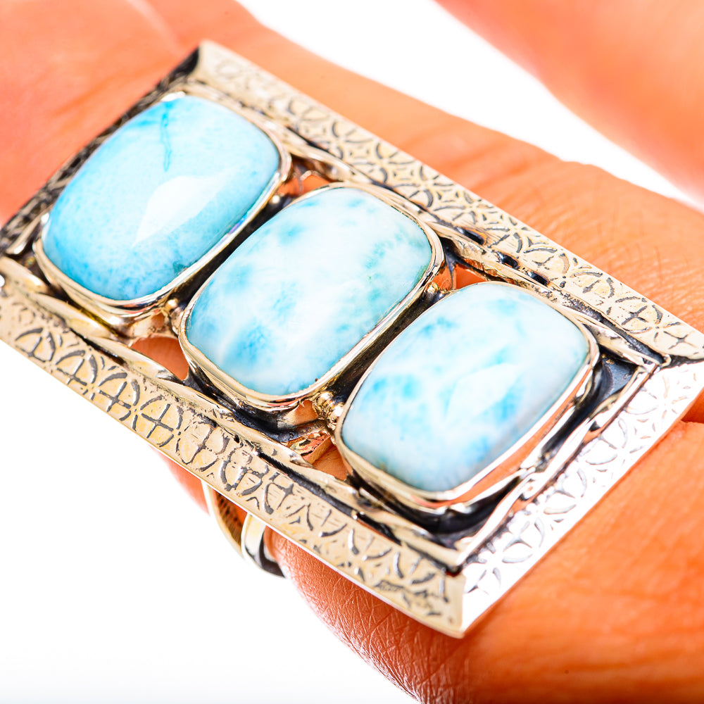Gigantic Larimar ring with three rectangular blue stones and ornate sterling silver band