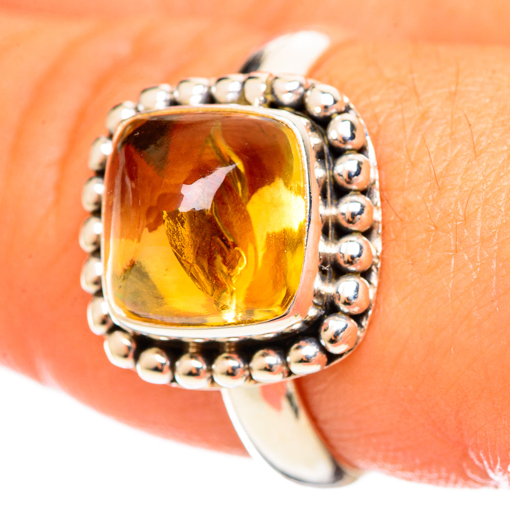 Natural citrine sugarloaf ring, size 9, 925 sterling silver with bead halo bezel