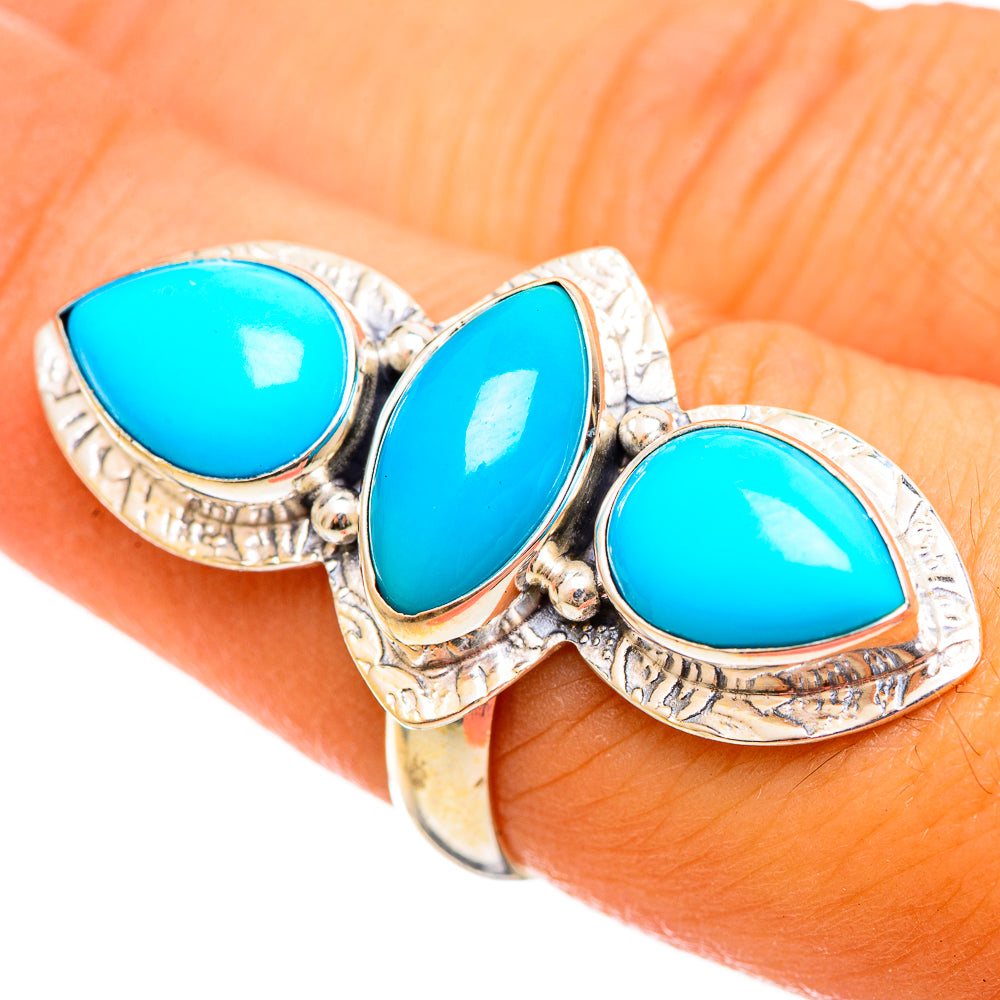 Sleeping Beauty turquoise ring with three oval cabochon stones, sterling silver