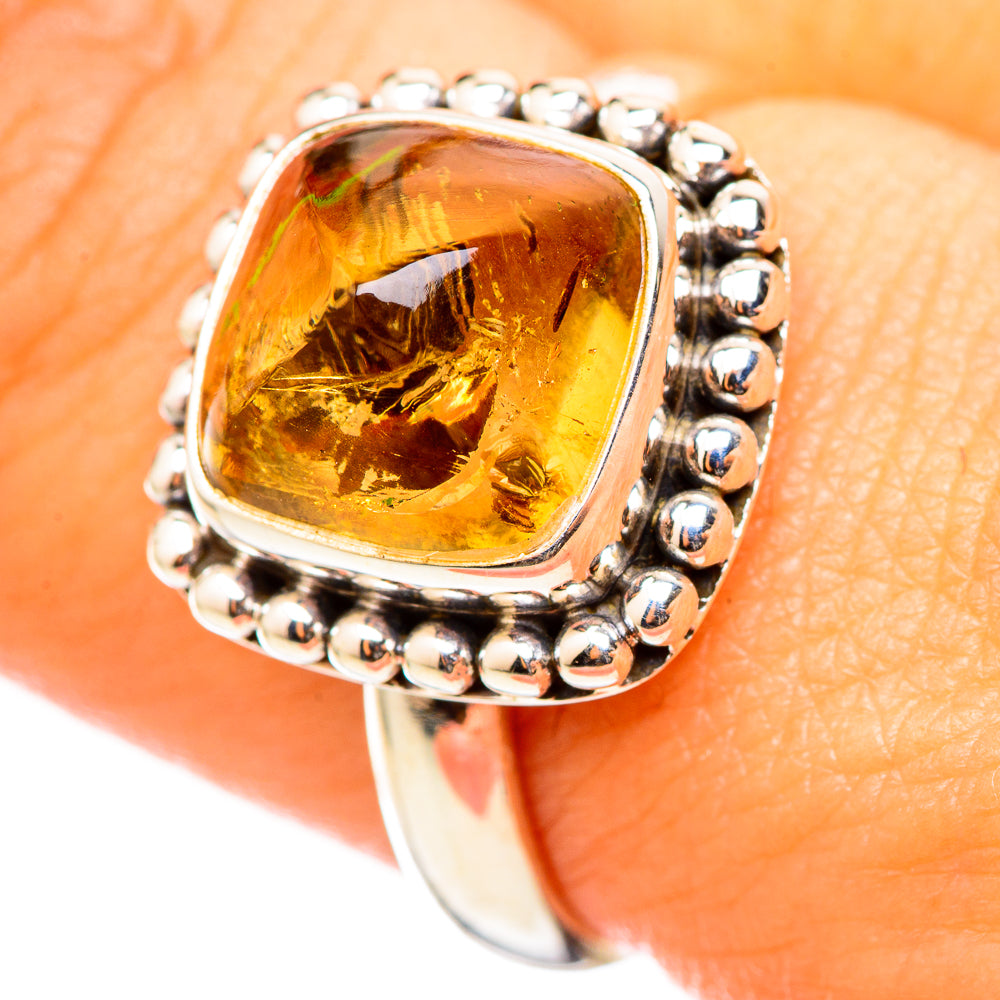 Natural citrine sugarloaf ring, 925 silver with square bezel and bead border