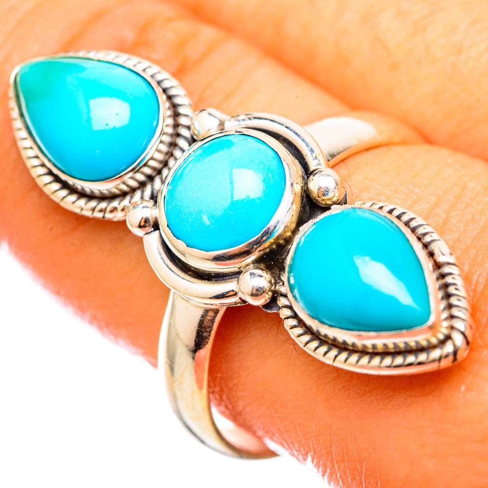 Sleeping Beauty turquoise three-stone teardrop ring, 925 sterling silver