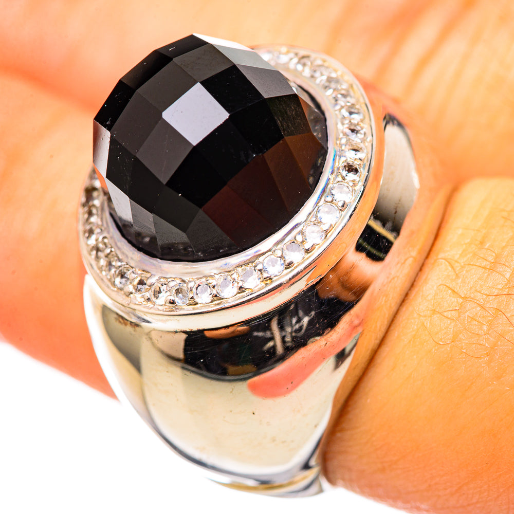 Large black onyx ring with CZ halo, 925 sterling silver band
