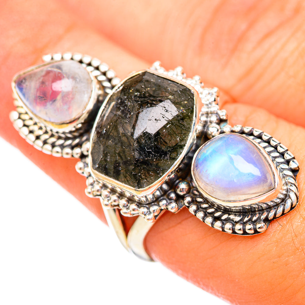 Tourmalinated Quartz, Rainbow Moonstone Rings handcrafted by Ana Silver Co - RING115066