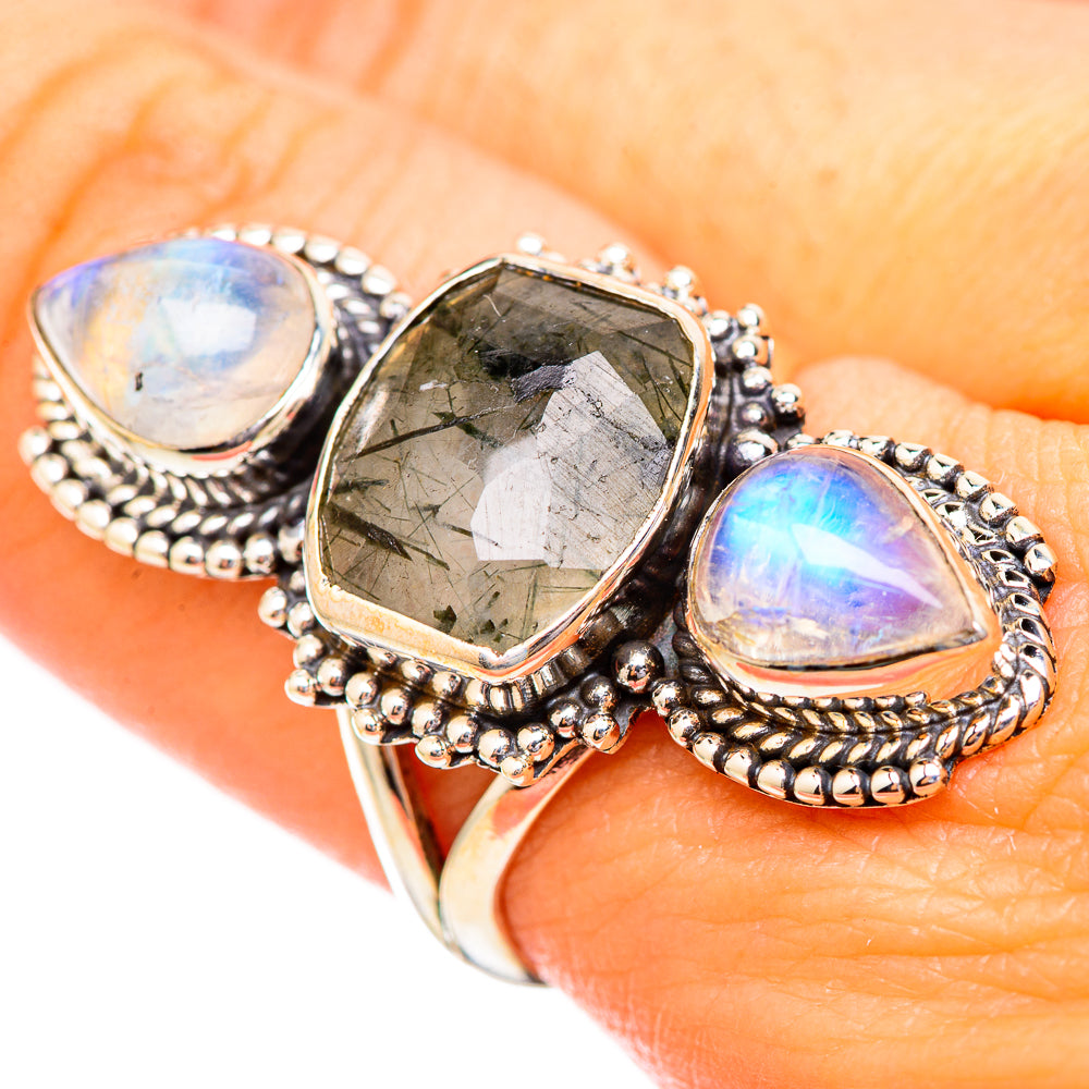 Tourmalinated Quartz, Rainbow Moonstone Rings handcrafted by Ana Silver Co - RING115114