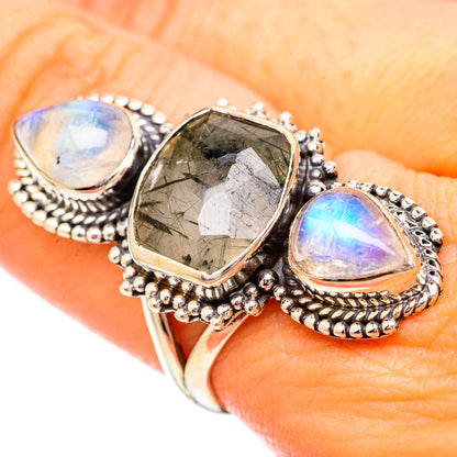 Tourmalinated Quartz, Rainbow Moonstone Rings handcrafted by Ana Silver Co - RING115114