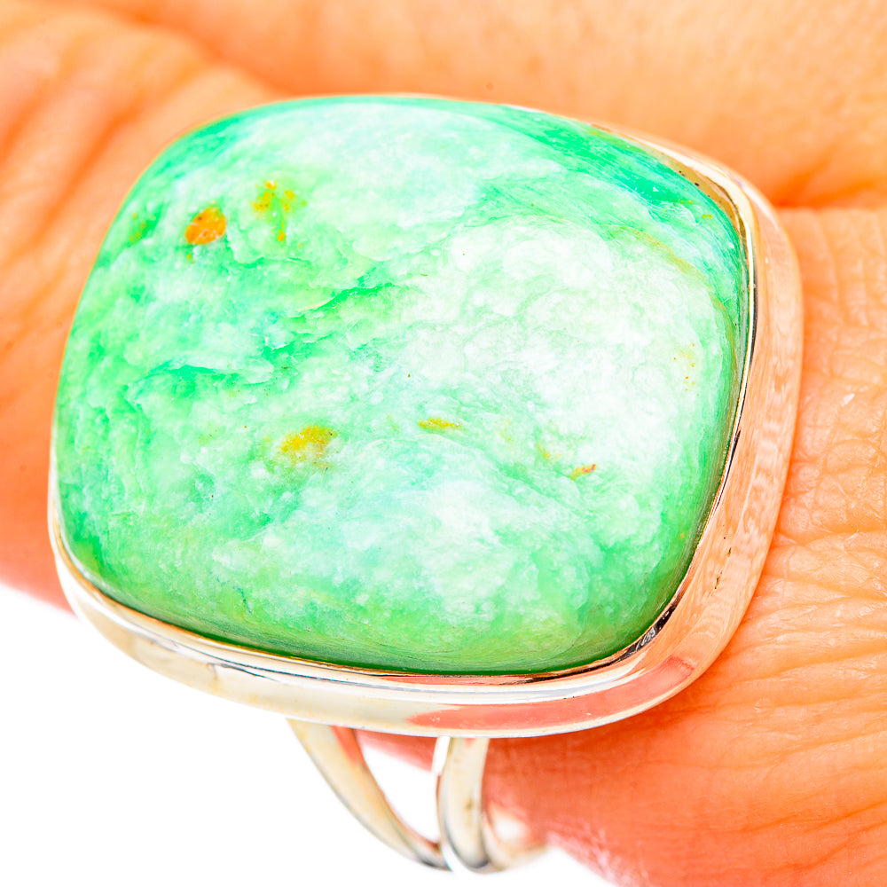 Green chrysocolla cabochon ring with polished 925 sterling silver band, size 11.5