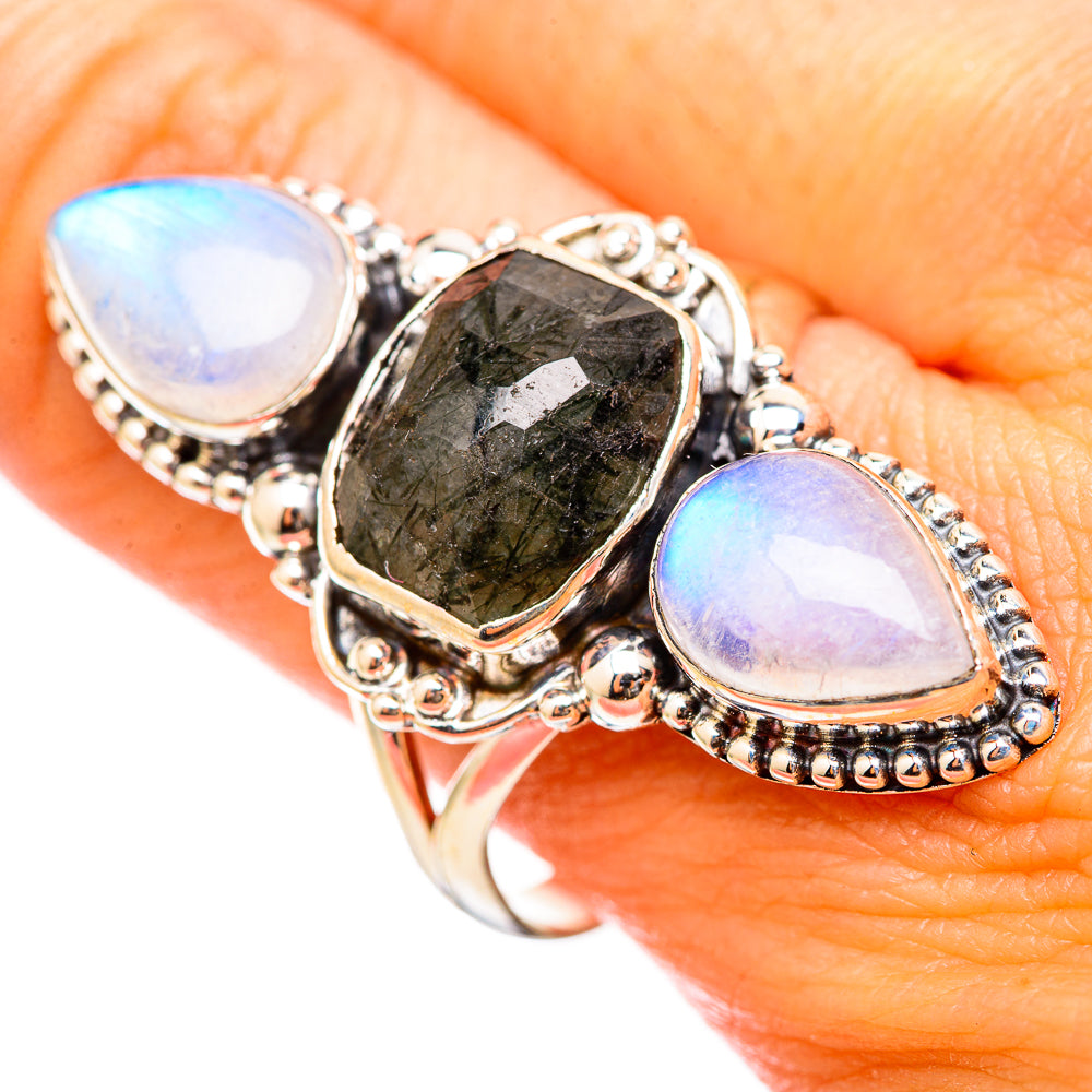 925 sterling silver triple-stone ring with blue sheen moonstone ovals and dark tourmalinated quartz
