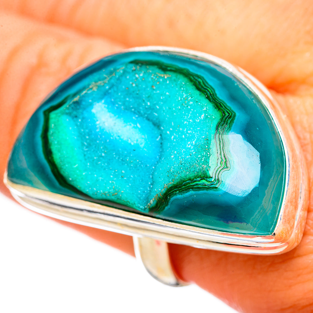 Sterling silver teardrop geode druzy ring with bright turquoise and green stone