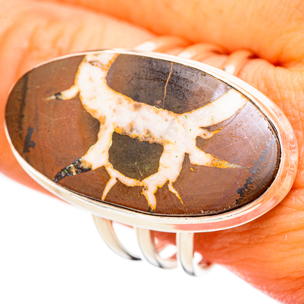 Septarian geode ring with oval brown stone and white veining, 925 sterling silver band