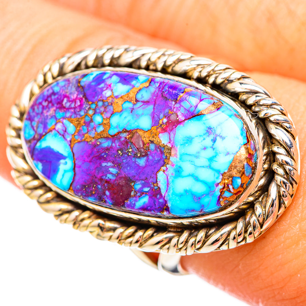 Spiny oyster turquoise ring, oval blue/purple stone with gold-tone rope border on 925 silver