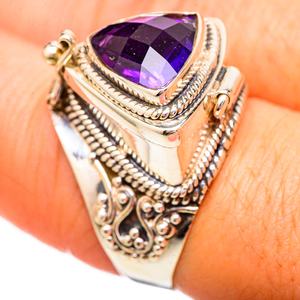 Amethyst ring top view, faceted purple triangle stone, detailed silver filigree, size 8