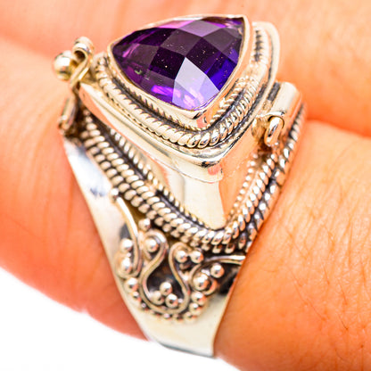 Amethyst ring top view, faceted purple triangle stone, detailed silver filigree, size 8