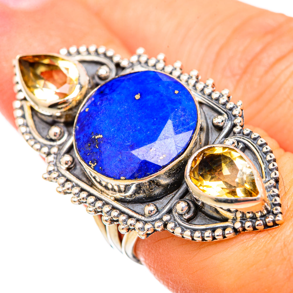 Sterling silver ring with blue lapis center and yellow citrine side stones