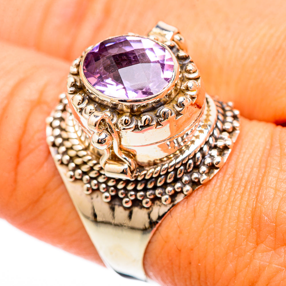 Sterling silver amethyst faceted ring with ornate halo and beaded band