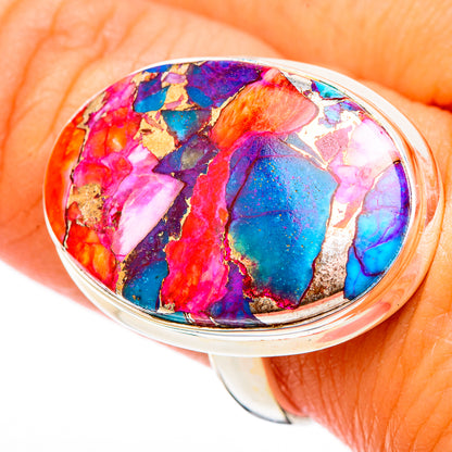 Oval turquoise, pink and purple mosaic cabochon ring in sterling silver setting