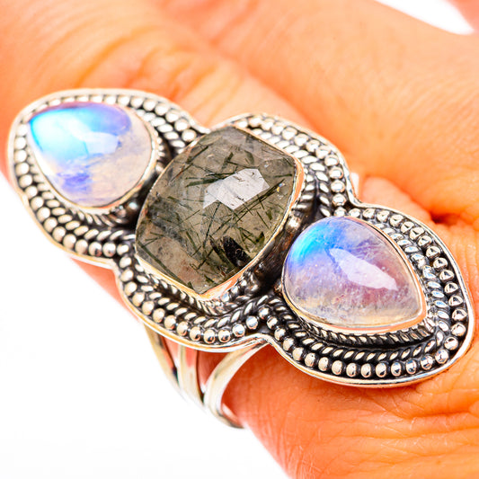Tourmalinated Quartz, Rainbow Moonstone Rings handcrafted by Ana Silver Co - RING116490