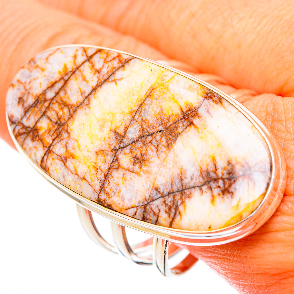 Oval picture jasper cabochon ring, sterling silver bezel with web-like brown veining