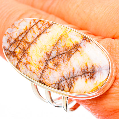 Oval picture jasper cabochon ring, sterling silver bezel with web-like brown veining