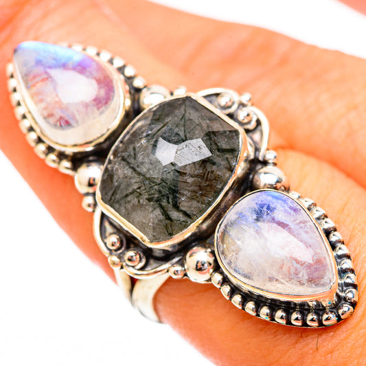 Tourmalinated Quartz, Rainbow Moonstone Rings handcrafted by Ana Silver Co - RING116664