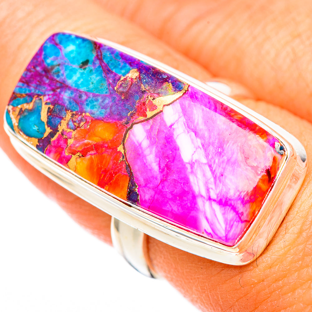 Large rectangular gemstone ring with pink and turquoise swirls, sterling silver setting