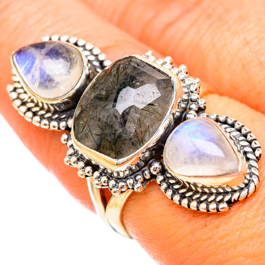 Tourmalinated Quartz, Rainbow Moonstone Rings handcrafted by Ana Silver Co - RING116698