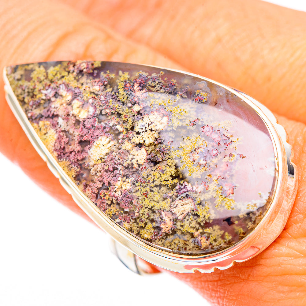 Silver-tone teardrop plume agate ring, druzy mix of purple, gold, and pink on stone