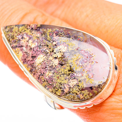 Silver-tone teardrop plume agate ring, druzy mix of purple, gold, and pink on stone