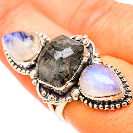 Tourmalinated Quartz, Rainbow Moonstone Rings handcrafted by Ana Silver Co - RING116726