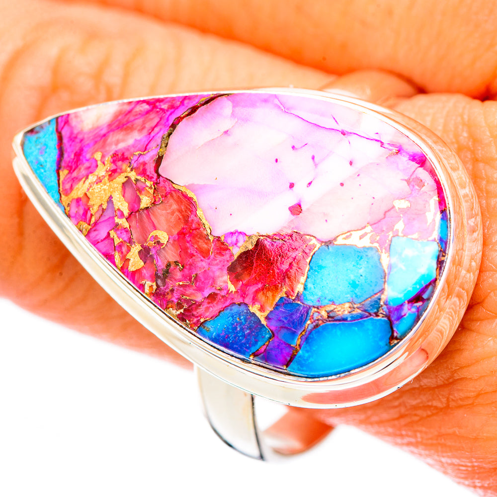 925 sterling silver ring with large teardrop pink and blue mosaic stone, size 12