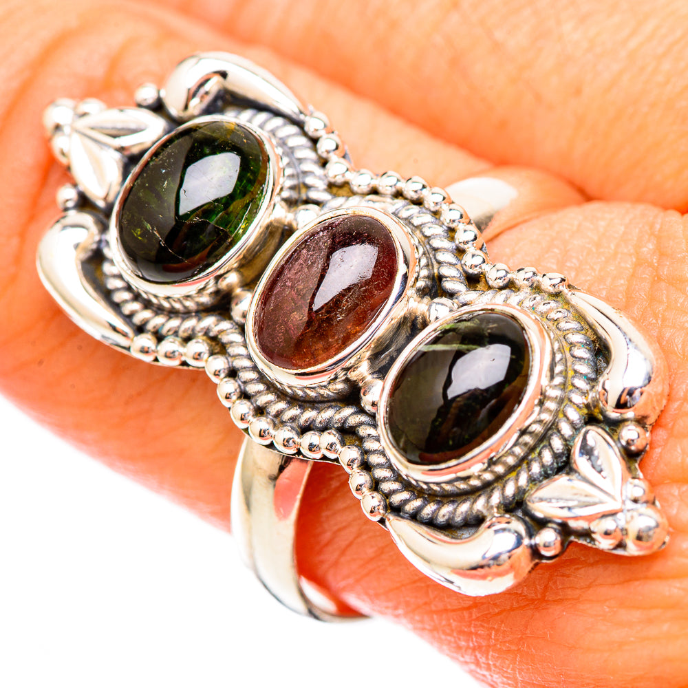 Sterling silver tourmaline ring, size 10, with three oval dark stones and ornate band