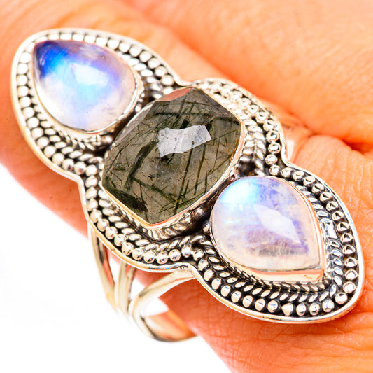 Tourmalinated Quartz, Rainbow Moonstone Rings handcrafted by Ana Silver Co - RING116754