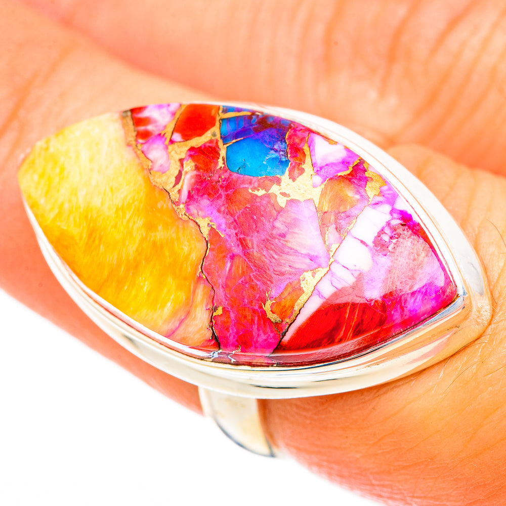 Sterling silver oval ring with multicolor gemstone inlay, yellow red purple blue bezel