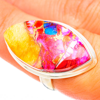 Sterling silver oval ring with multicolor gemstone inlay, yellow red purple blue bezel