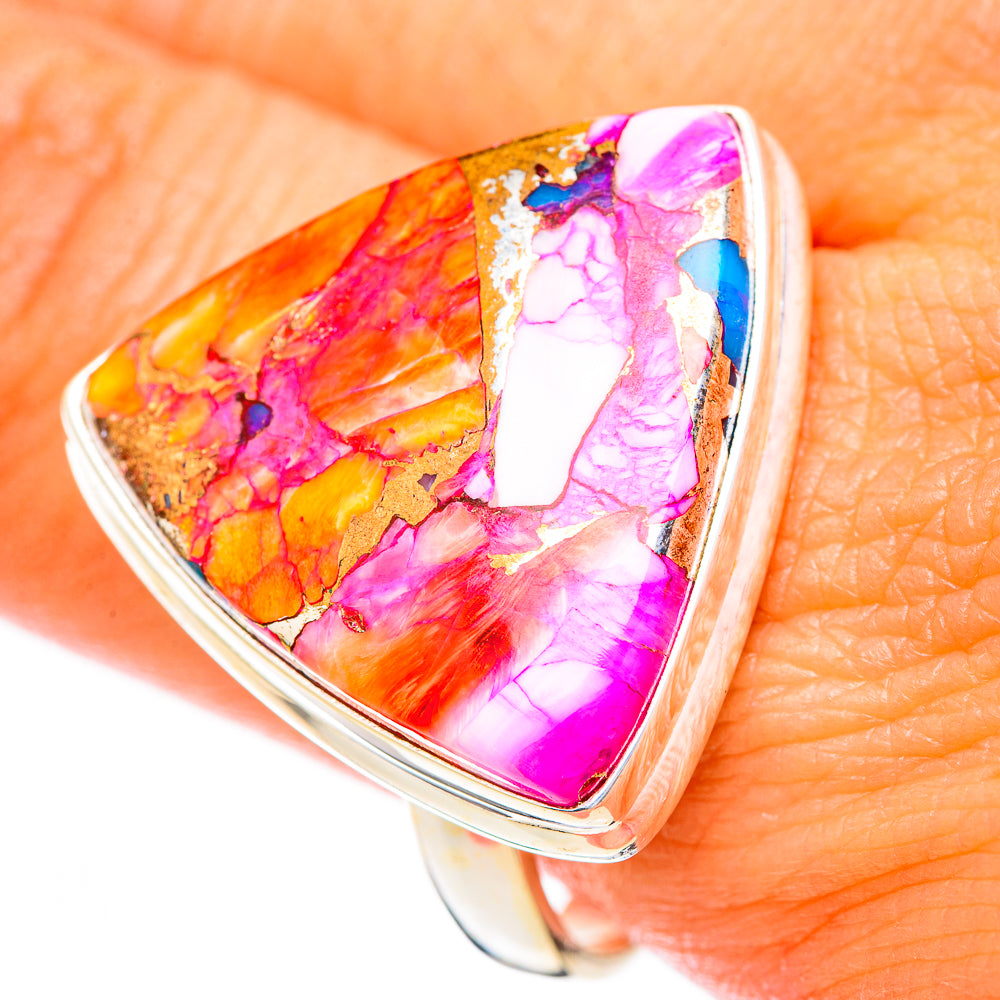 Triangular sterling silver ring with bright purple, orange, and white stone inlay