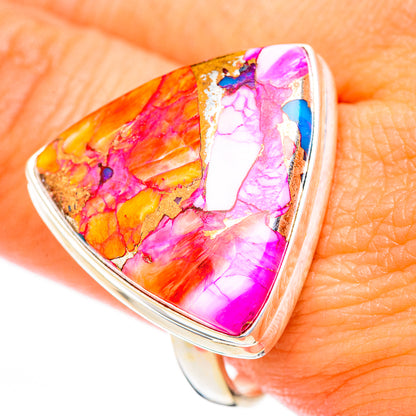 Triangular sterling silver ring with bright purple, orange, and white stone inlay