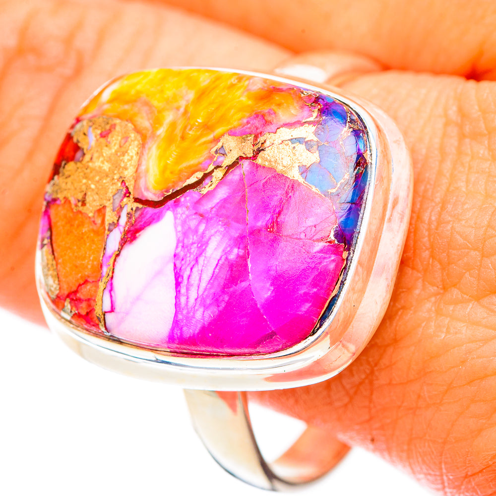 Oval 925 sterling silver ring with pink, yellow-orange, blue gemstone cabochon