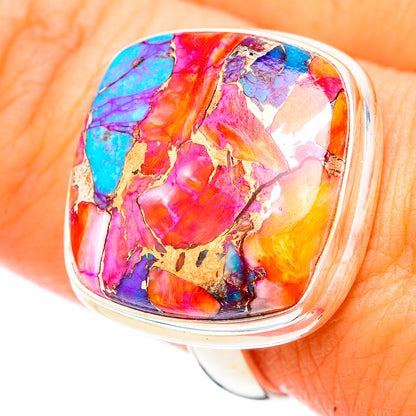Sterling silver ring with oval mosaic center in bright pink, blue, and orange