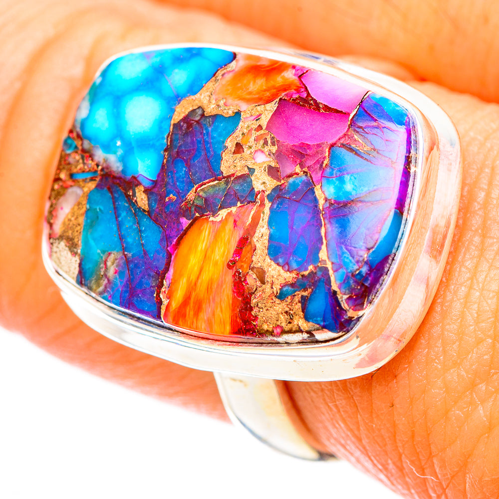 Sterling silver ring with rectangular multi-color mosaic stone, close-up top view.