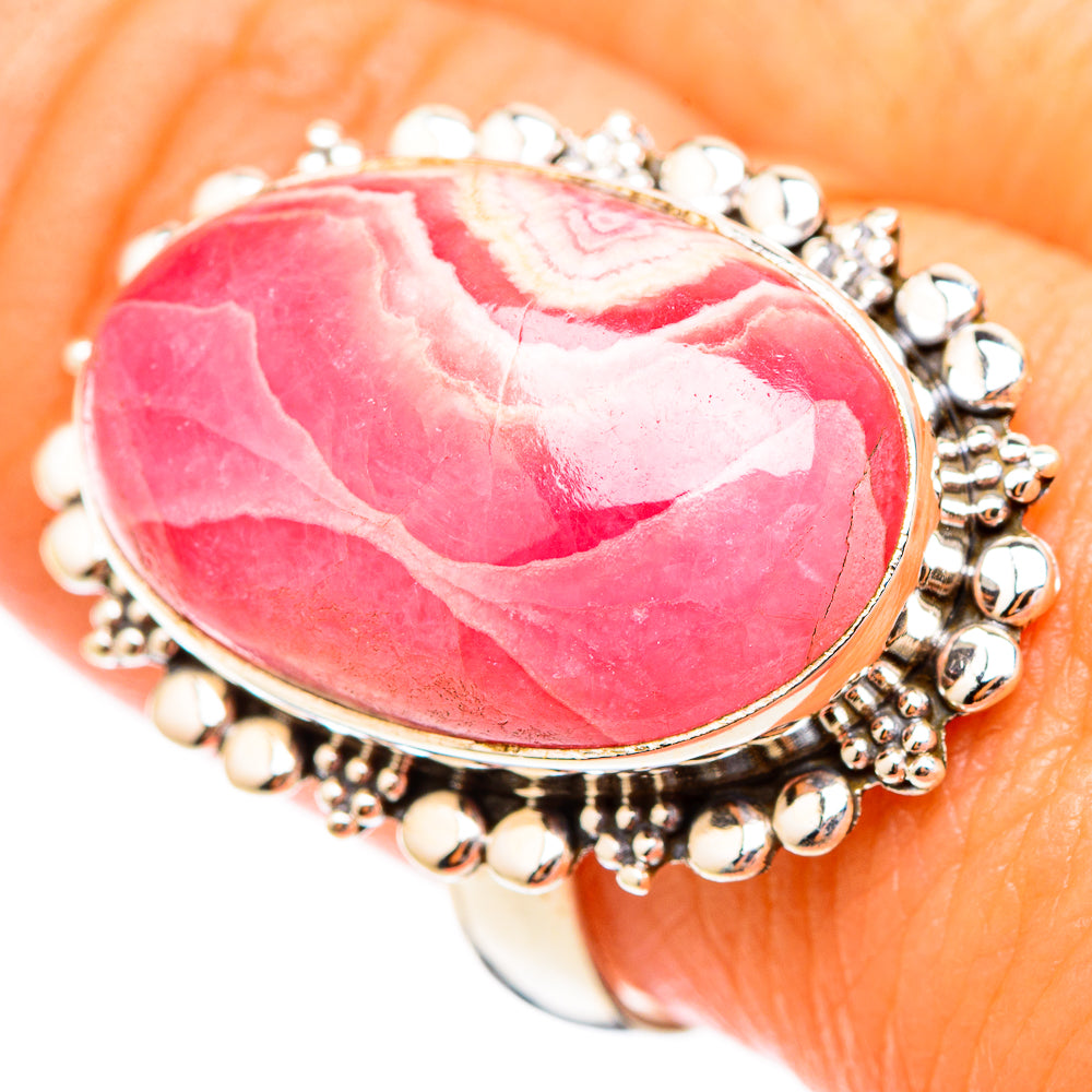 Oval pink rhodochrosite cabochon ring, 925 sterling silver bezel with silver bead border