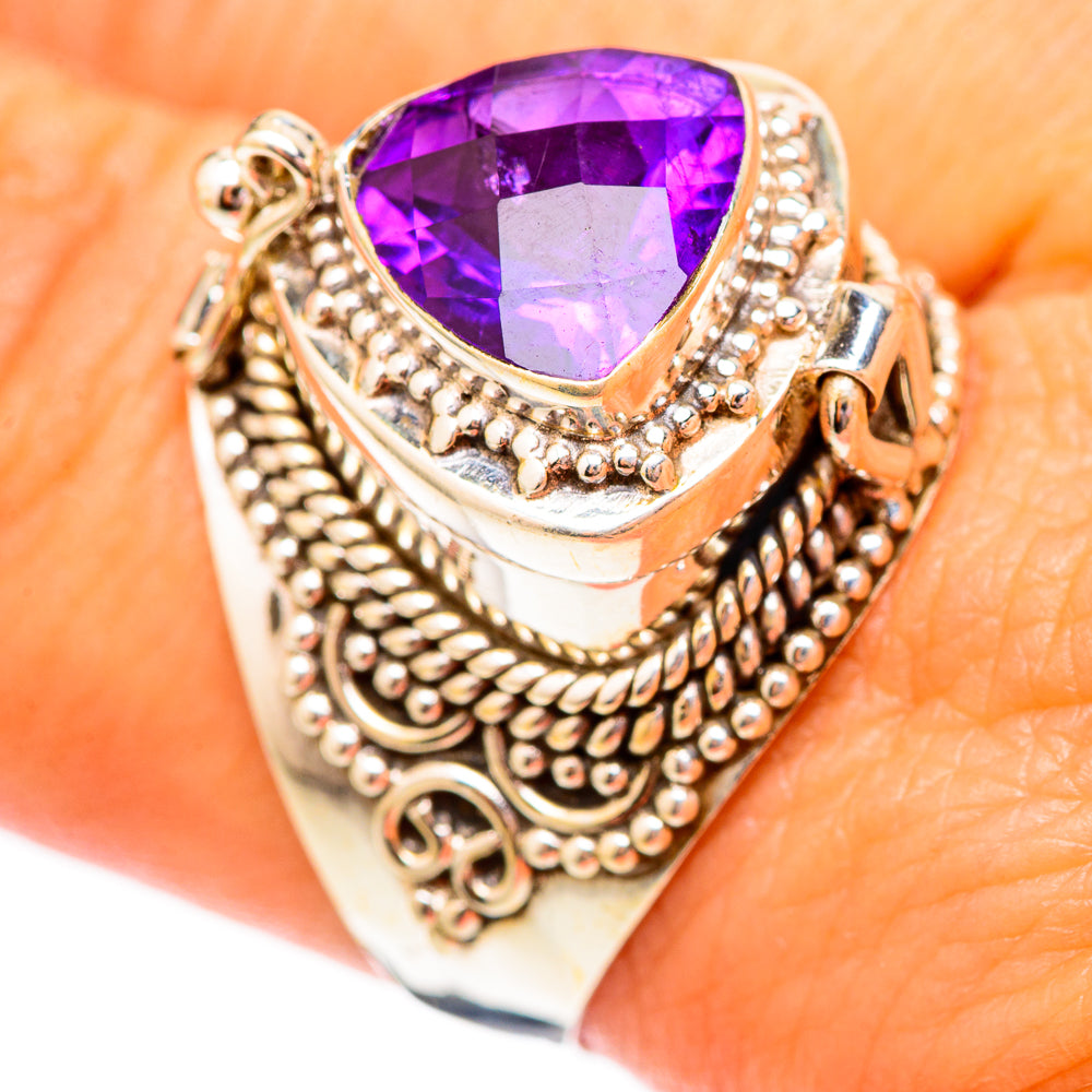 Sterling silver amethyst teardrop ring, faceted purple center and detailed beadwork side gallery