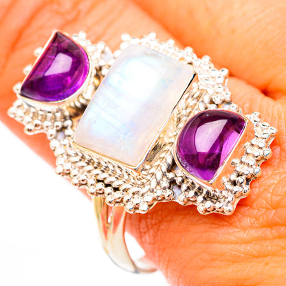 Rainbow moonstone cocktail ring with rectangular opal center and purple amethyst side stones
