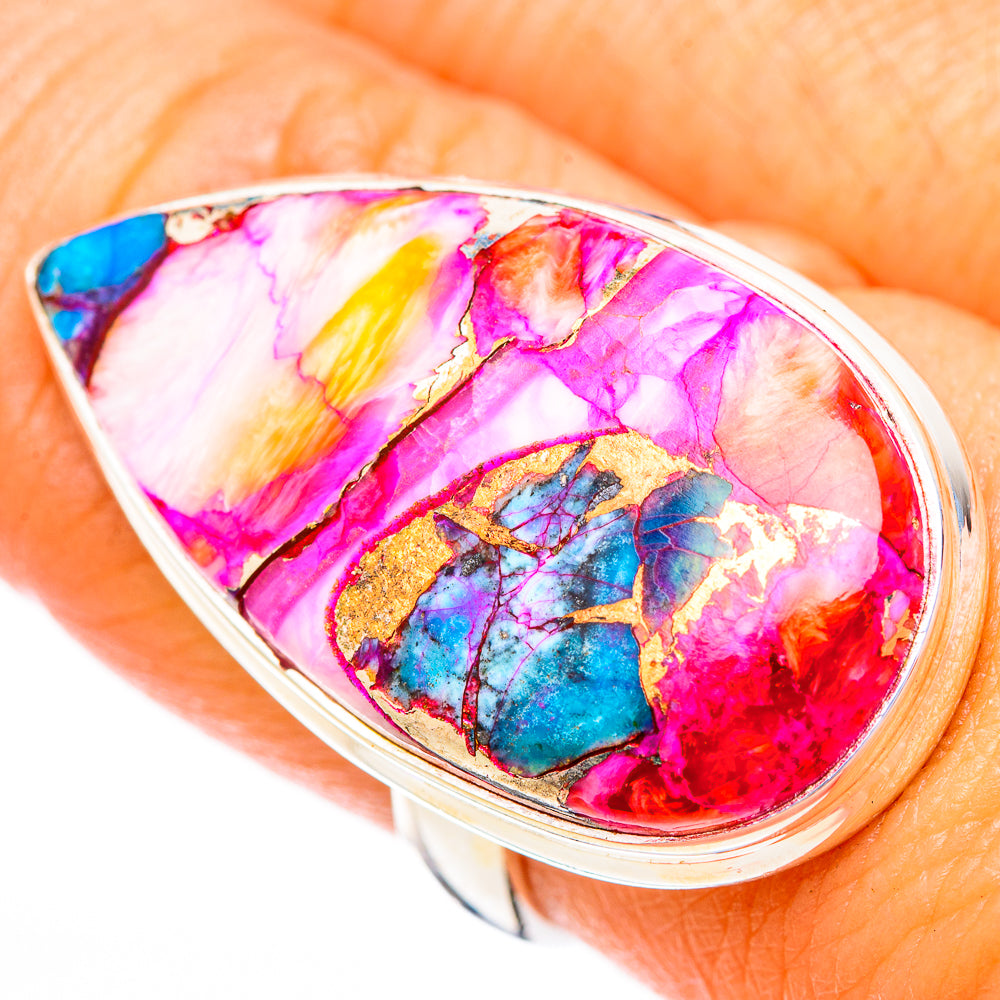 Oval teardrop cabochon ring in sterling silver, multicolor pink blue red stones