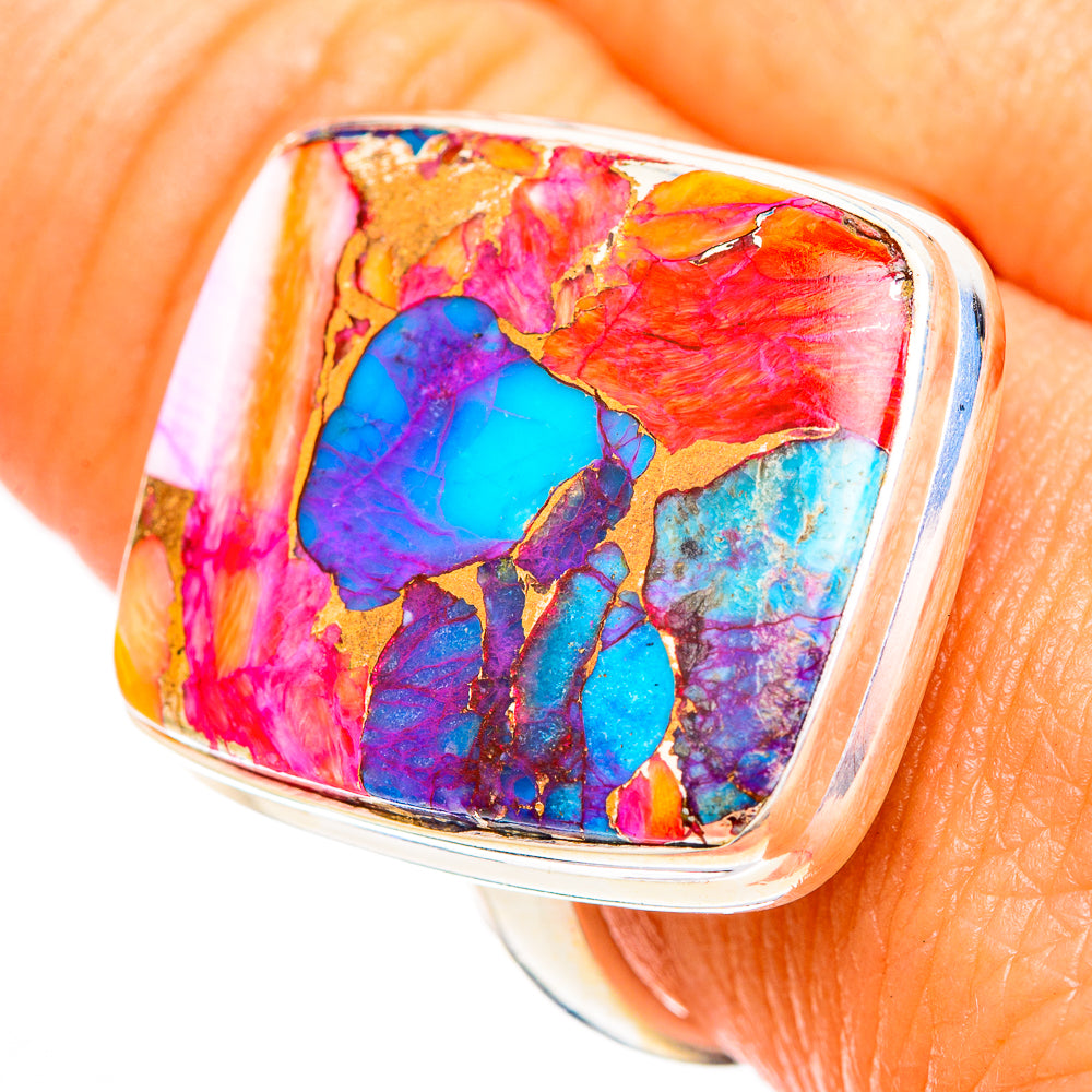 Sterling silver ring with rectangular cabochon-style multicolor stone inlay detail