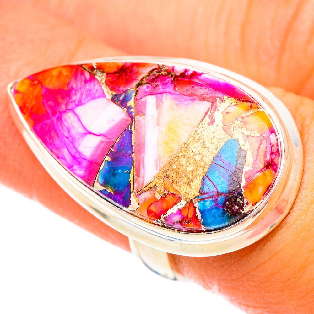 Sterling silver teardrop ring with bright mosaic centerpiece, pink, turquoise, and gold flecks.